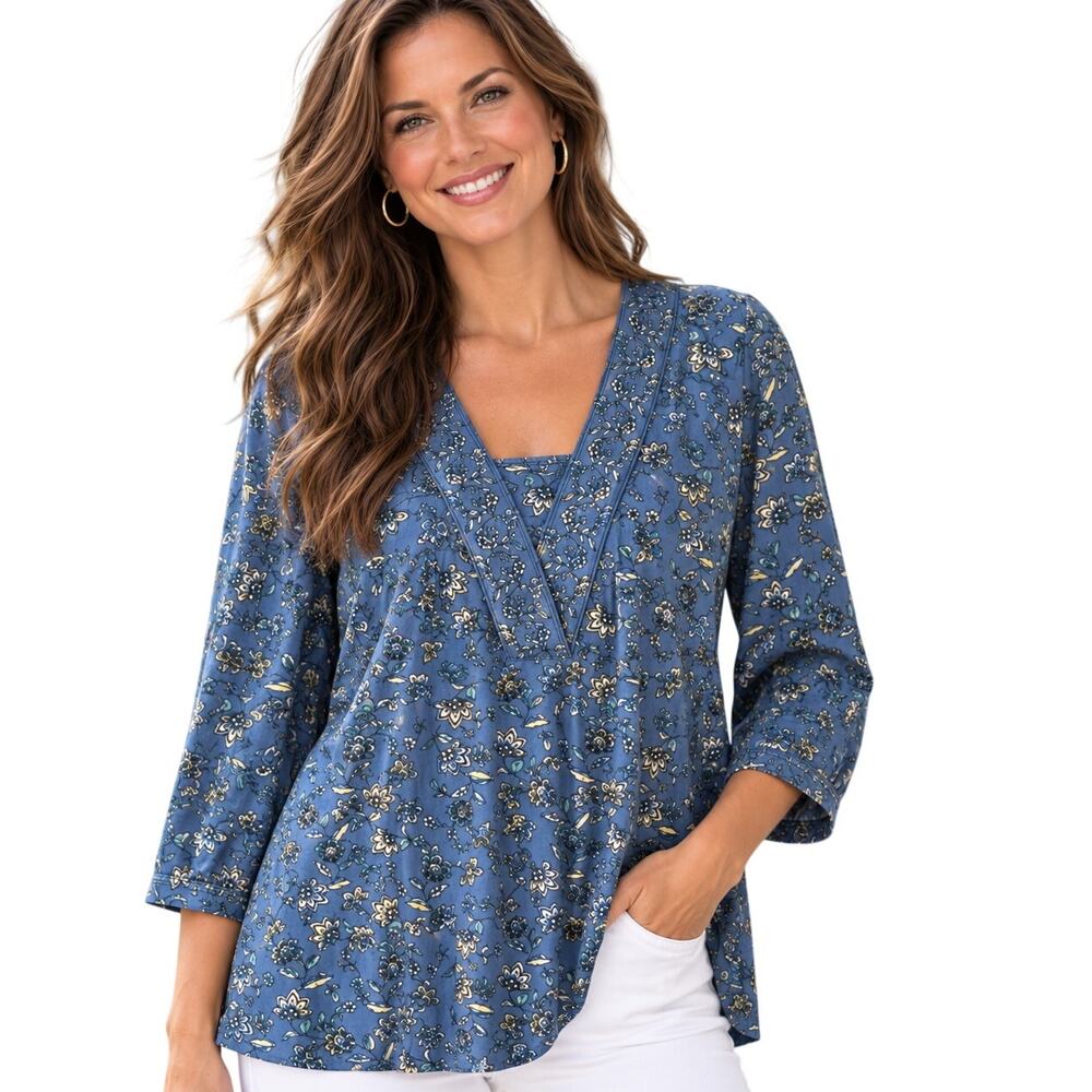 J. Jill Banded V-Neck Tunic Top Womens Large Blue Floral Knit Cotton Modal Work